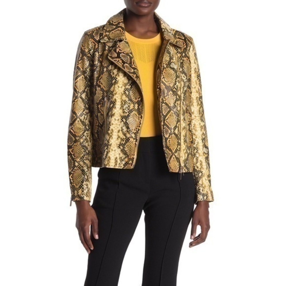 T Tahari Snake Print Faux Leather Moto Jacke